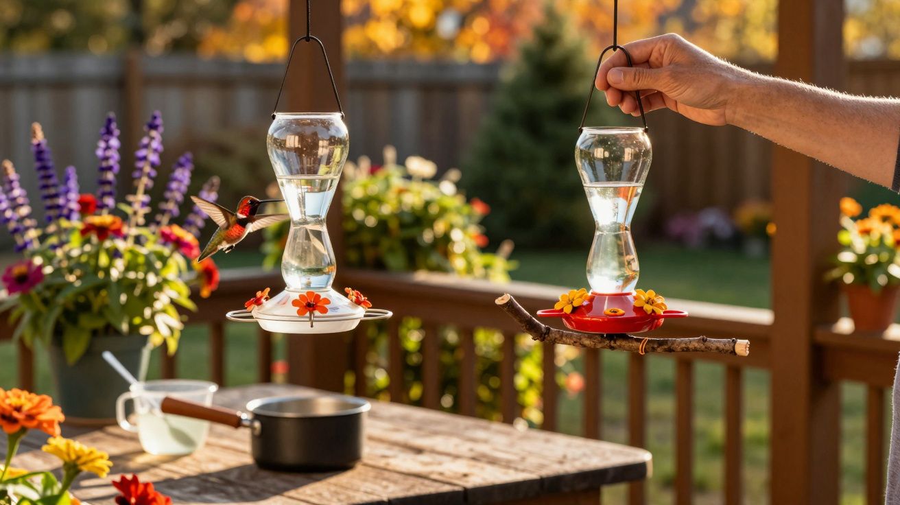 Kolibrie drinkt nectar uit voederbak in zonnige tuin met kleurrijke bloemen op tafel.