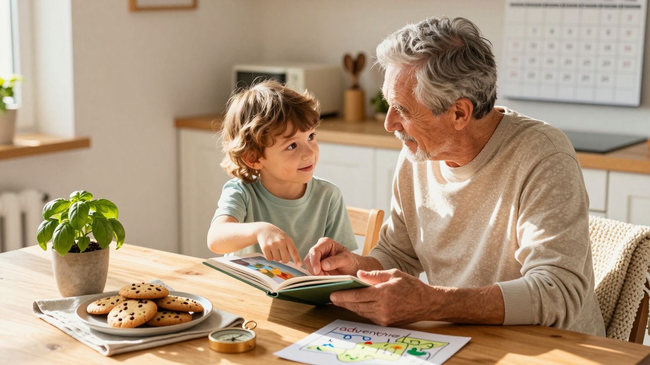 Opa en kleinkind lezen samen een boek aan de keukentafel, omringd door koekjes en een plantje onder de zon.