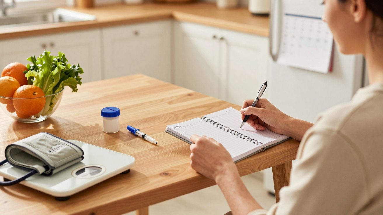 Vrouw schrijft in notitieboek op tafel met groenten, bloeddrukmeter, eetplan en fruitschaal.