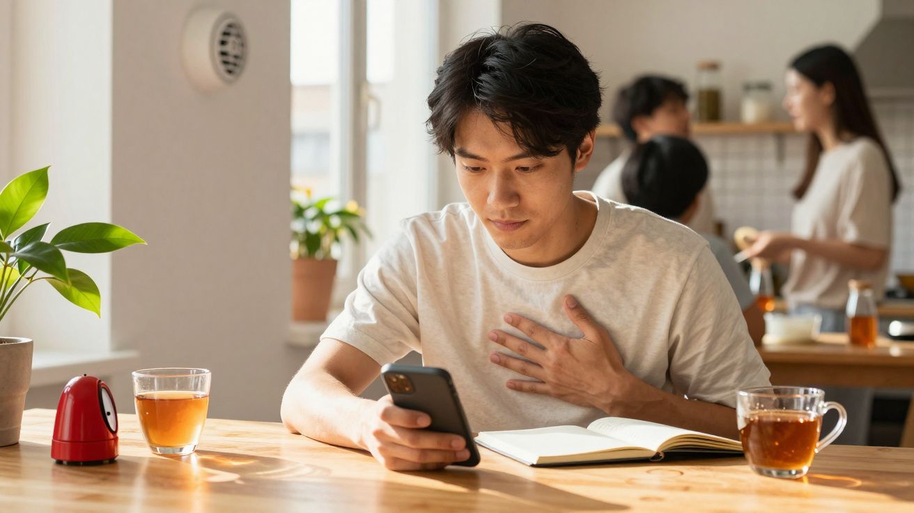 Man leest telefoon aan tafel, hand op borst, met thee en notitieboekje. Drie mensen praten in keuken op achtergrond.