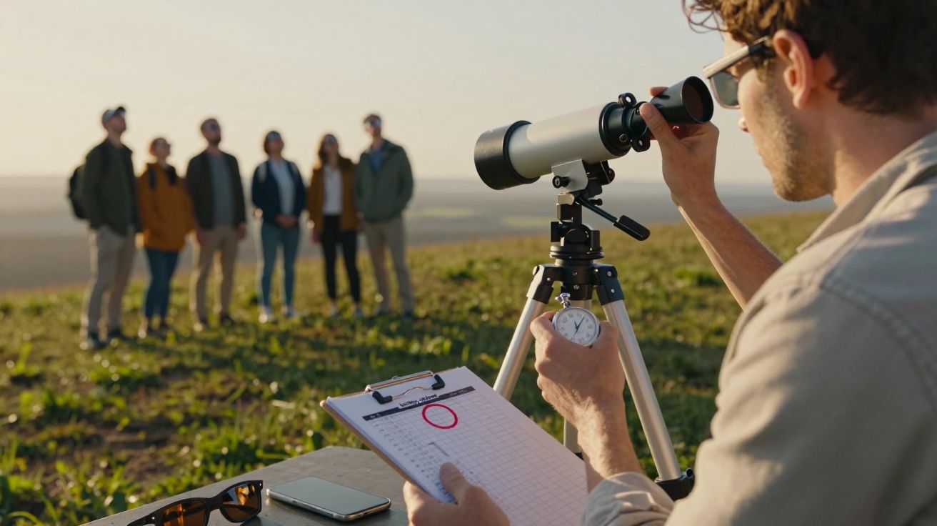 Man kijkt door telescoop naar groep mensen op veld; klok, notitieblok, telefoon op tafel.
