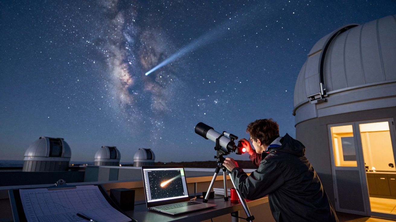 Persoon observeert hemel met telescoop en laptop. Sterren, melkweg en komeet zichtbaar. Observatorium op achtergrond.