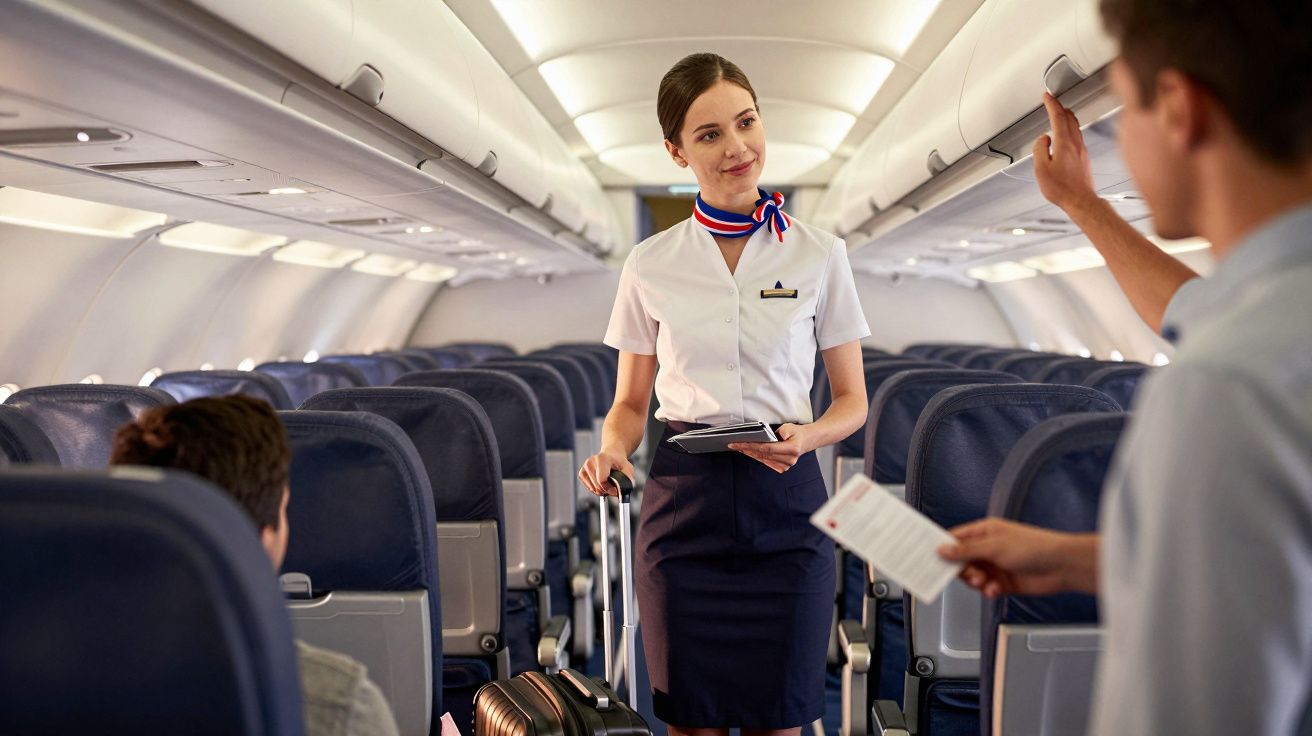 Stewardess in uniform helpt passagier met bagage in vliegtuigcabine.