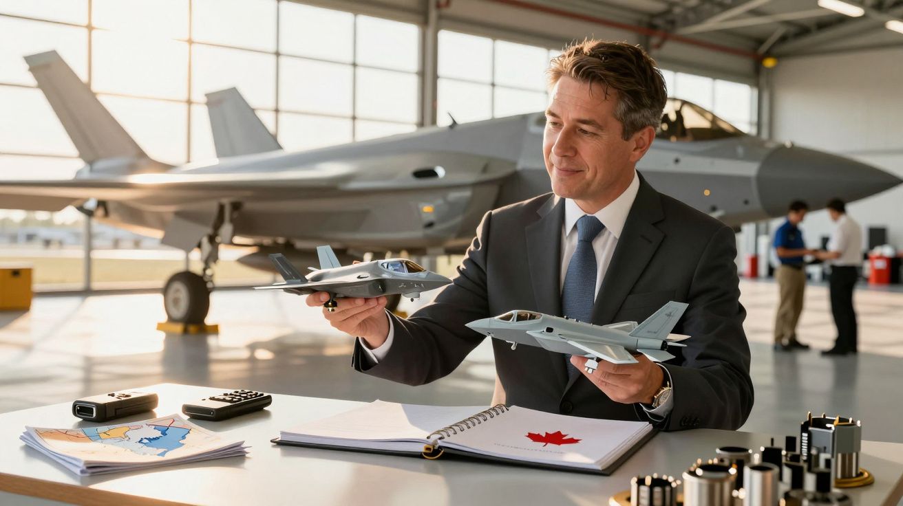 Man in pak houdt vliegtuigmodellen vast in hangar met groot gevechtsvliegtuig op de achtergrond.