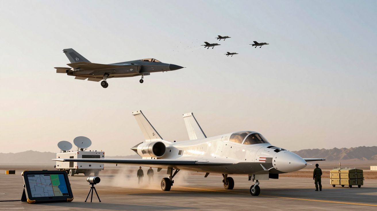 Vliegtuig landt op basis met andere jets in de lucht en personeel op de grond bij zonsopgang.