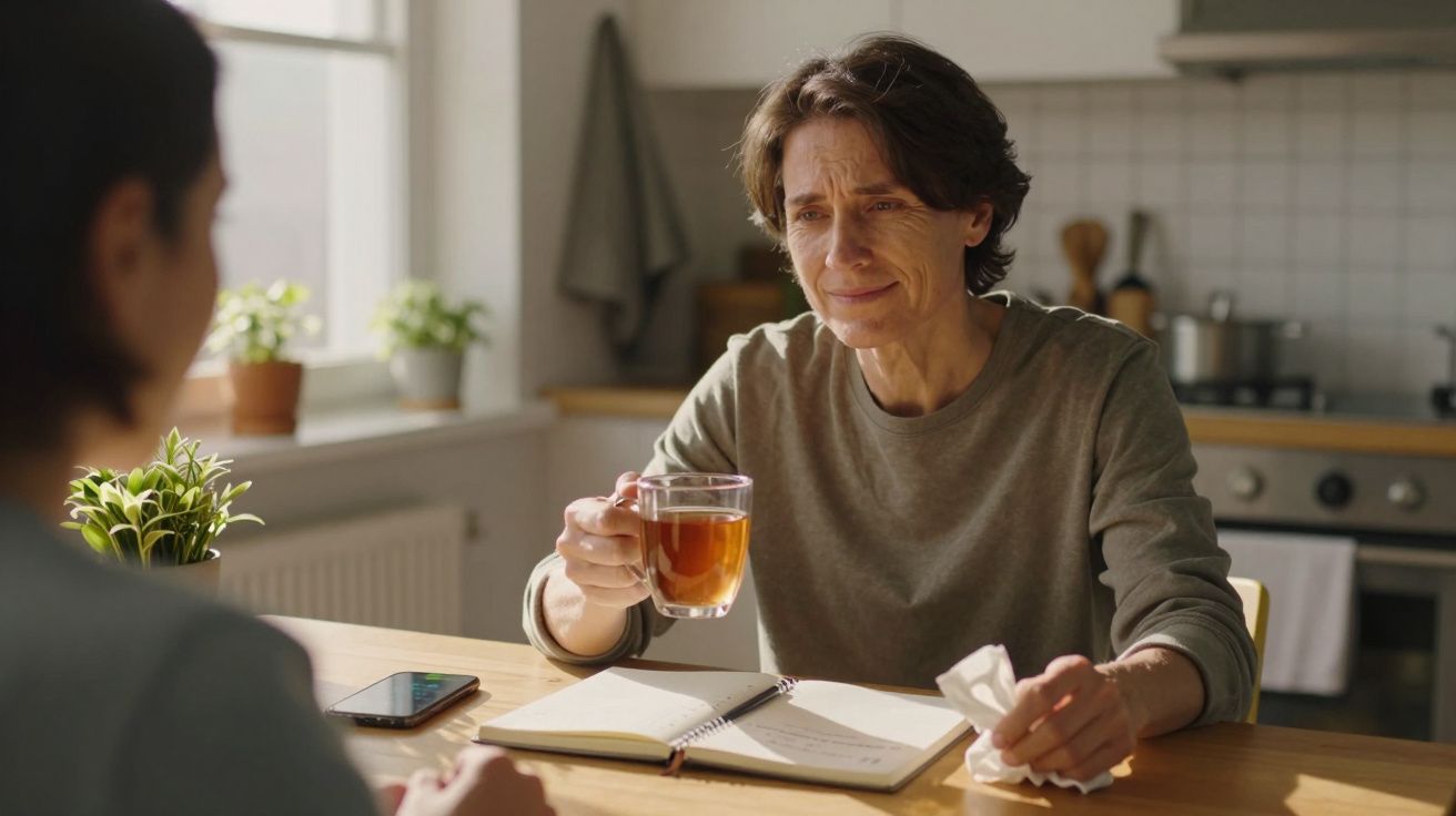 Persoon aan tafel met een glas thee in de hand, notitieboek, telefoon en zakdoek op tafel, in een lichte keuken.