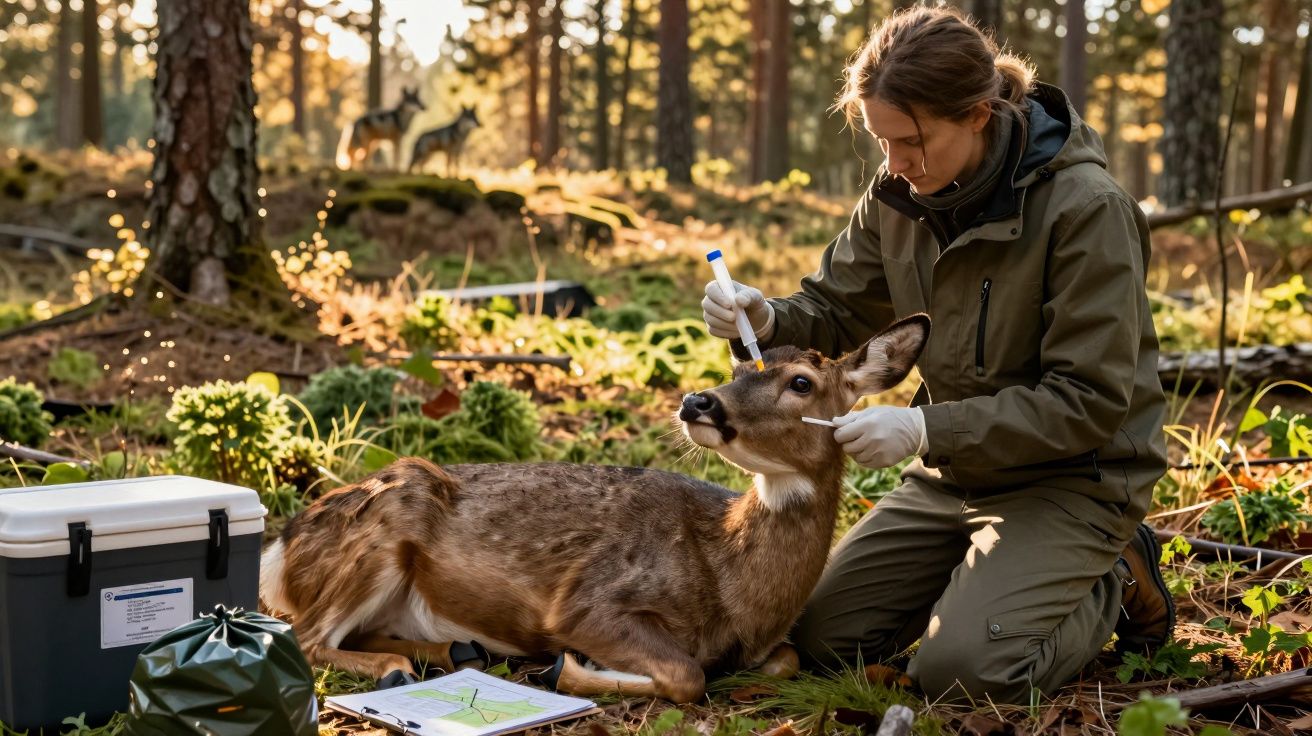 Een onderzoeker neemt een monster van een hert in een bosrijke omgeving, met apparatuur en papieren ernaast.