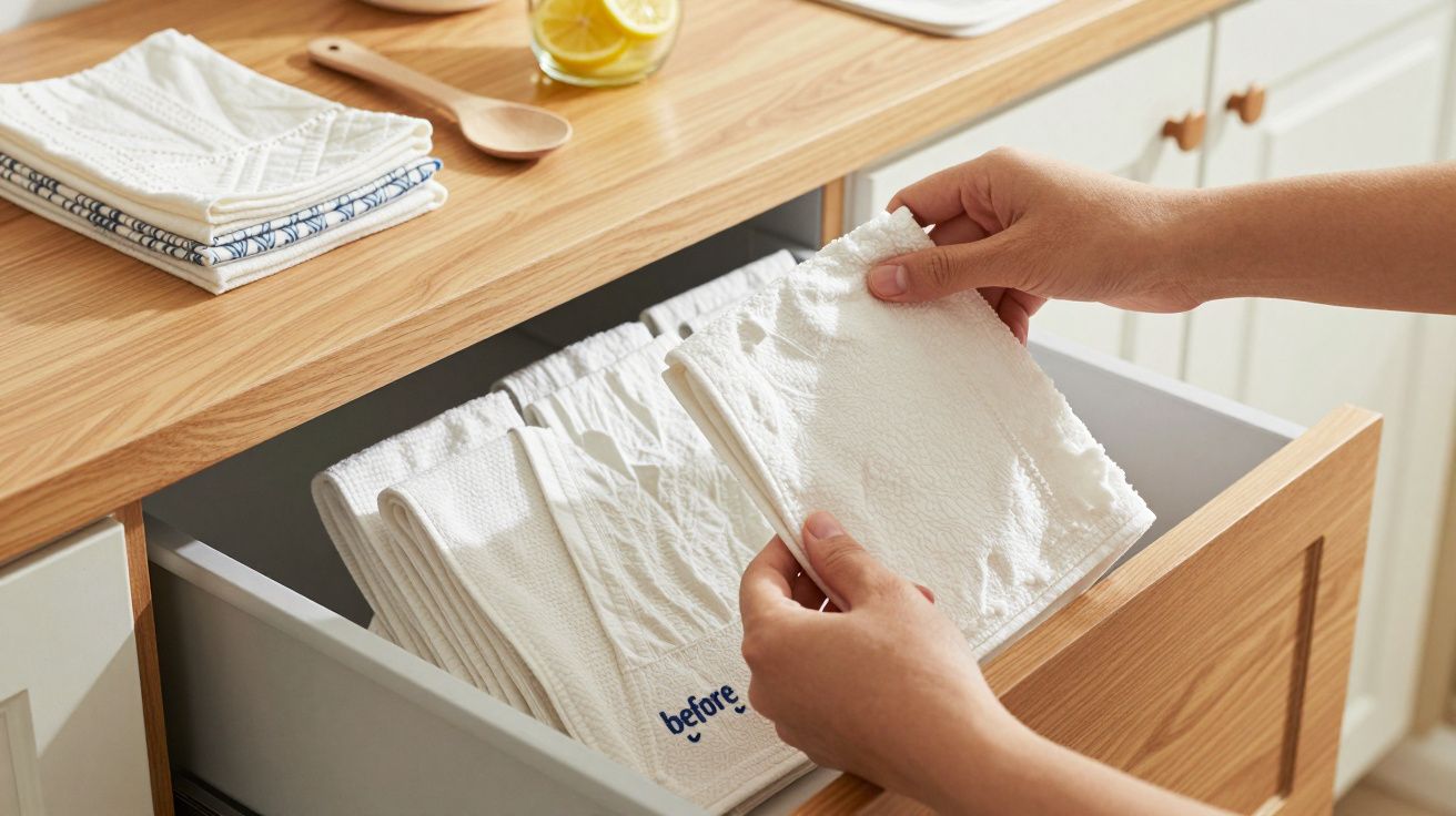 Handen pakken een witte doek uit een lade in een houten keukenmeubel. Op de achtergrond liggen opgevouwen doeken.