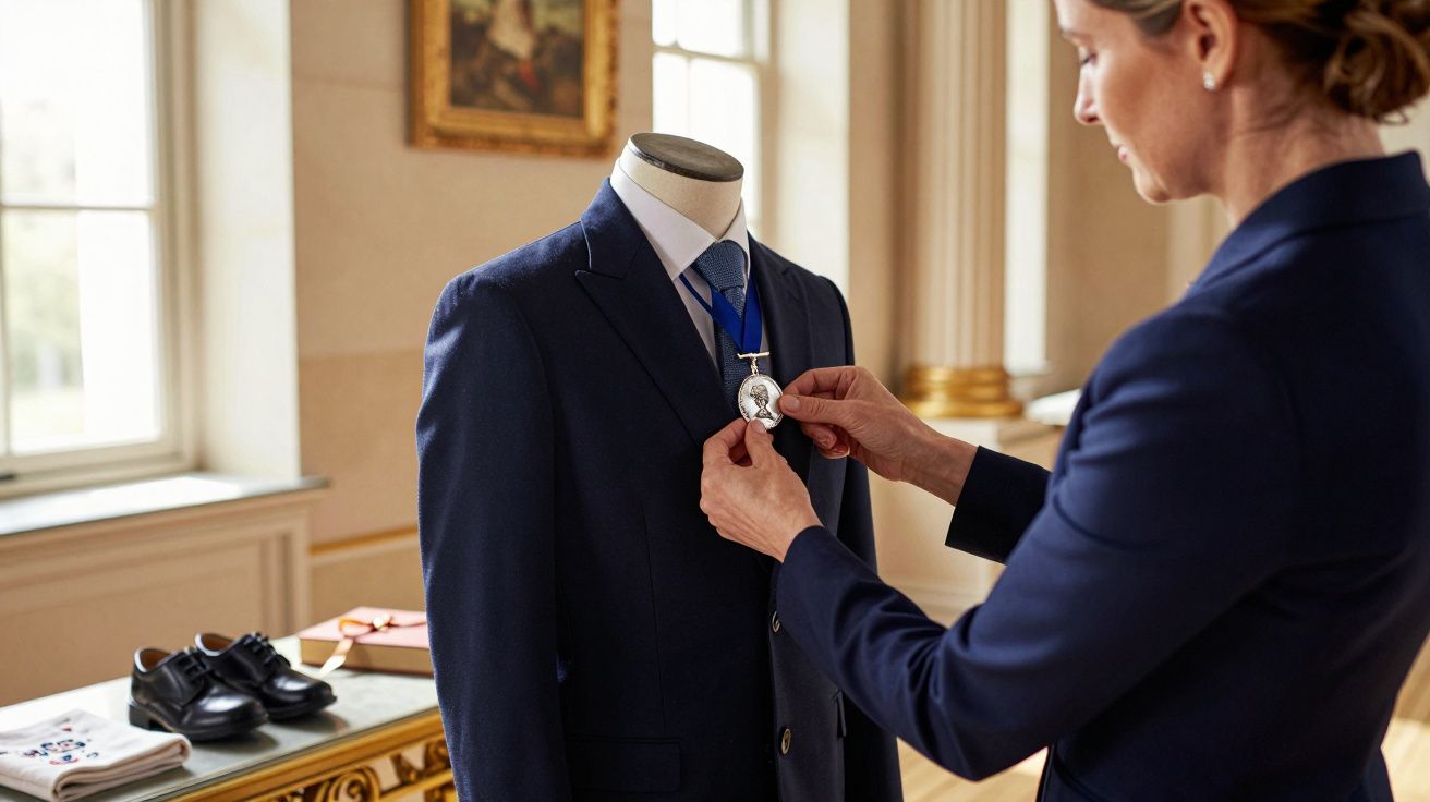 Vrouw hangt een medaille aan een blauw maatpak op een paspop in een elegante kamer met gouden details.