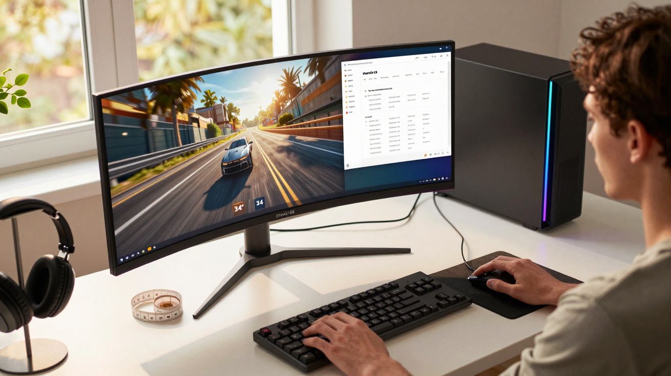 Persoon werkt op computer met gebogen breedbeeldmonitor; er is een racespel en spreadsheet open.