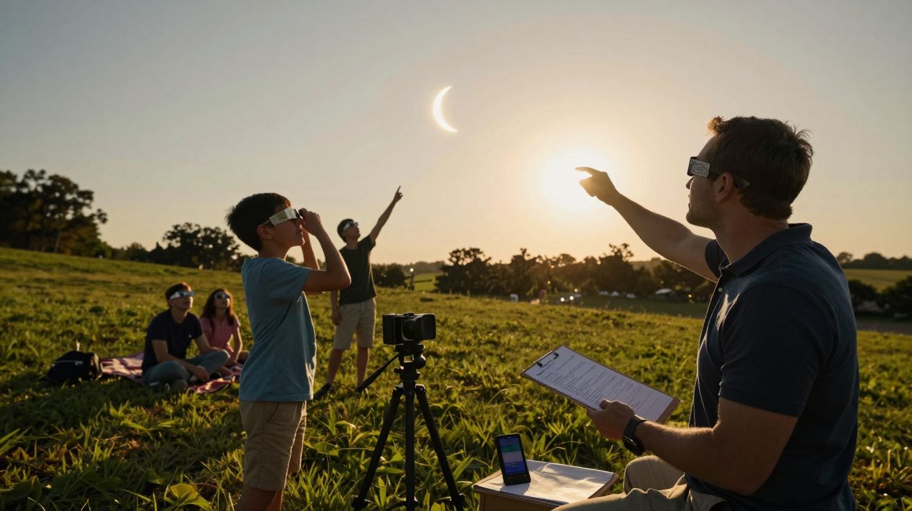 Personen observeren een zonsverduistering met brillen en apparatuur in een grasveld bij zonsondergang.