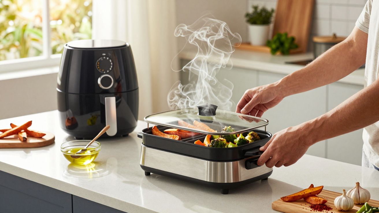 Persoon kookt groenten in een stoompan op een keukenblad, naast een airfryer en schaaltje olijfolie.