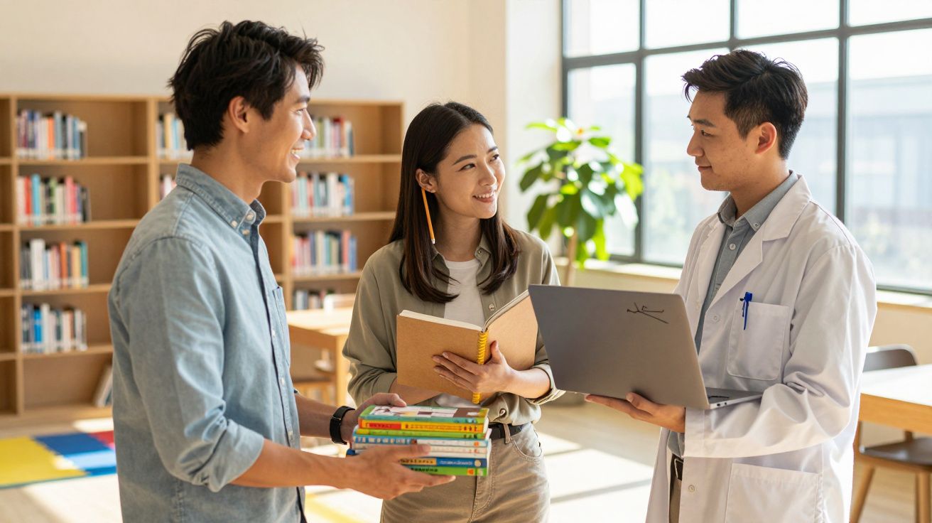 Twee studenten met boeken in gesprek met een man in een labjas in een bibliotheek.