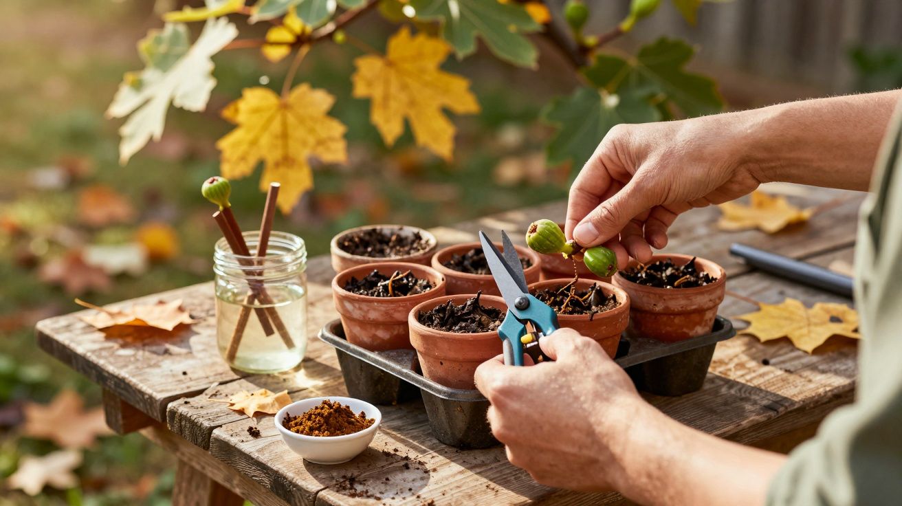 Handen snoeien vijgen bij terracotta potten op houten tafel met herfstbladeren.