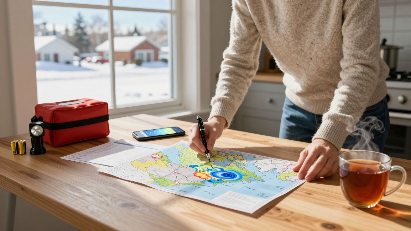 Persoon wijst naar kaart met aardbevingszones, omringd door thee, smartphone, zaklamp en noodkit op houten tafel.