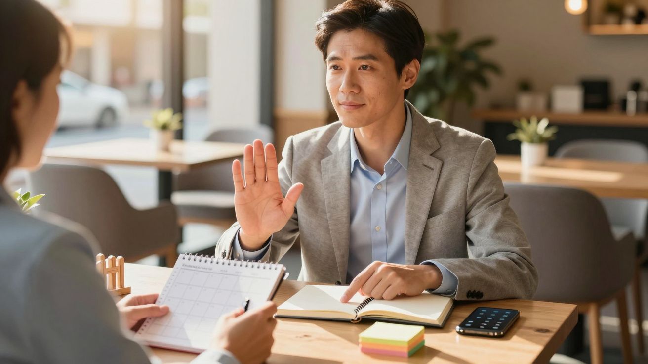 Twee personen in gesprek aan een tafel met notitieboek en kalender, man in grijs pak gebaart met hand.
