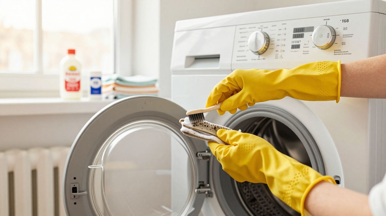 Persoon met gele handschoenen reinigt een trommel van een wasmachine met een borstel.