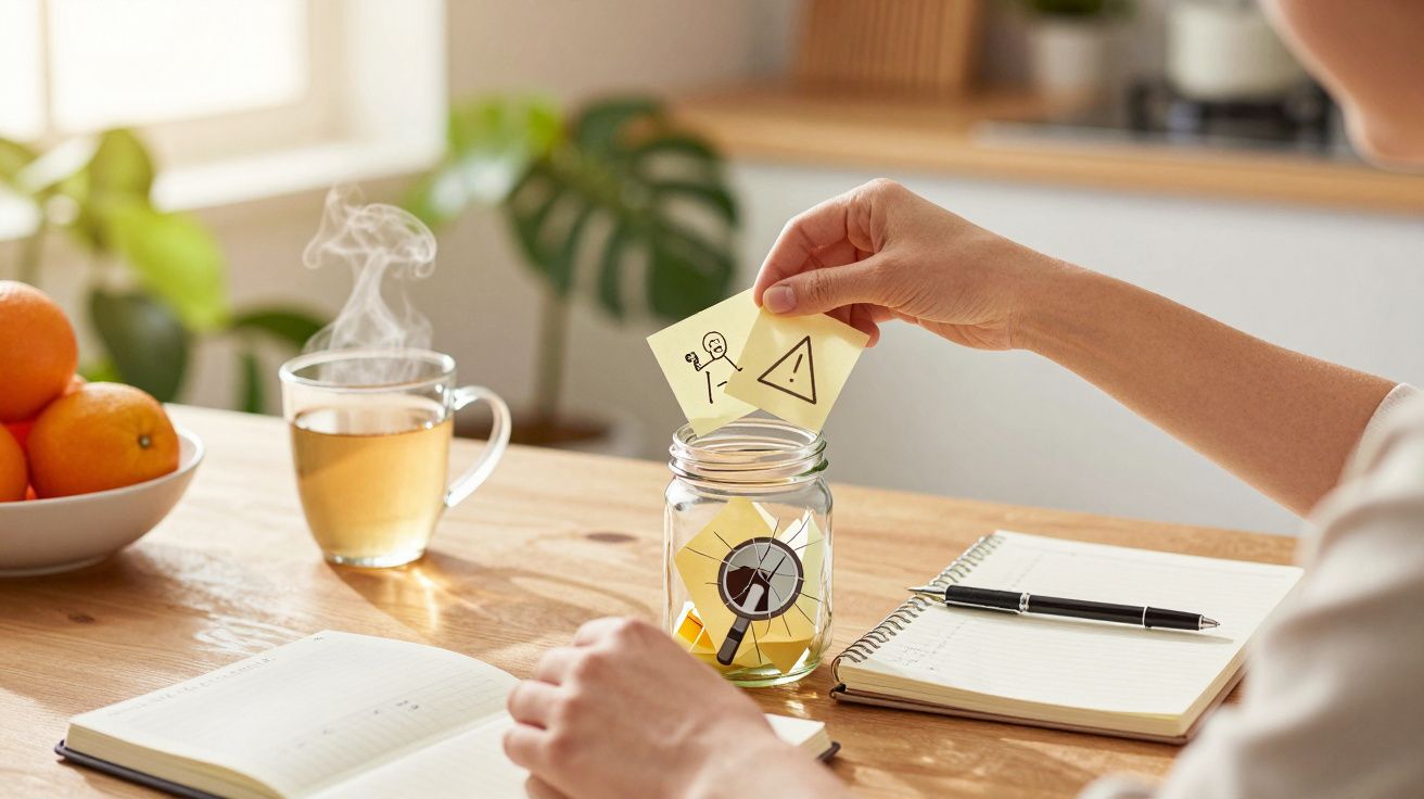 Persoon stopt memo's met symbolen in een glazen pot naast notitieboekje, thee en fruit op houten tafel.