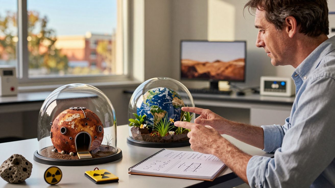 Man bestudeert maquettes van planeten onder stolpen op bureau, met notitieboek en radioactiviteitssymbolen.