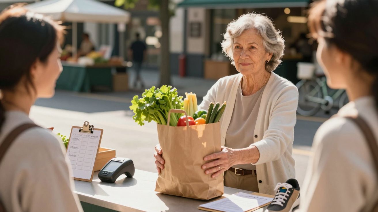 Een oudere vrouw geeft een papieren zak met groenten aan een kassier bij een buitenmarkt op een zonnige dag.