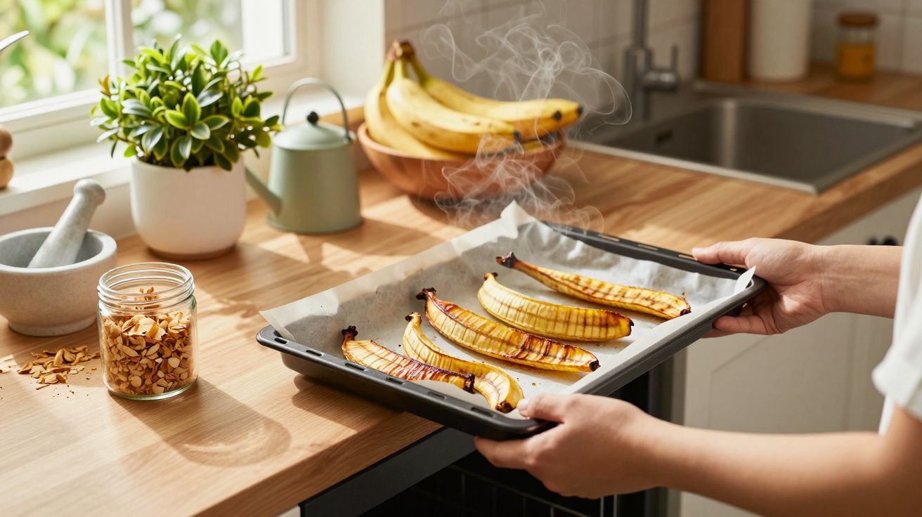 Versgebakken bananen in een bakplaat worden vastgehouden in een keuken, naast een pot met geschaafde amandelen.
