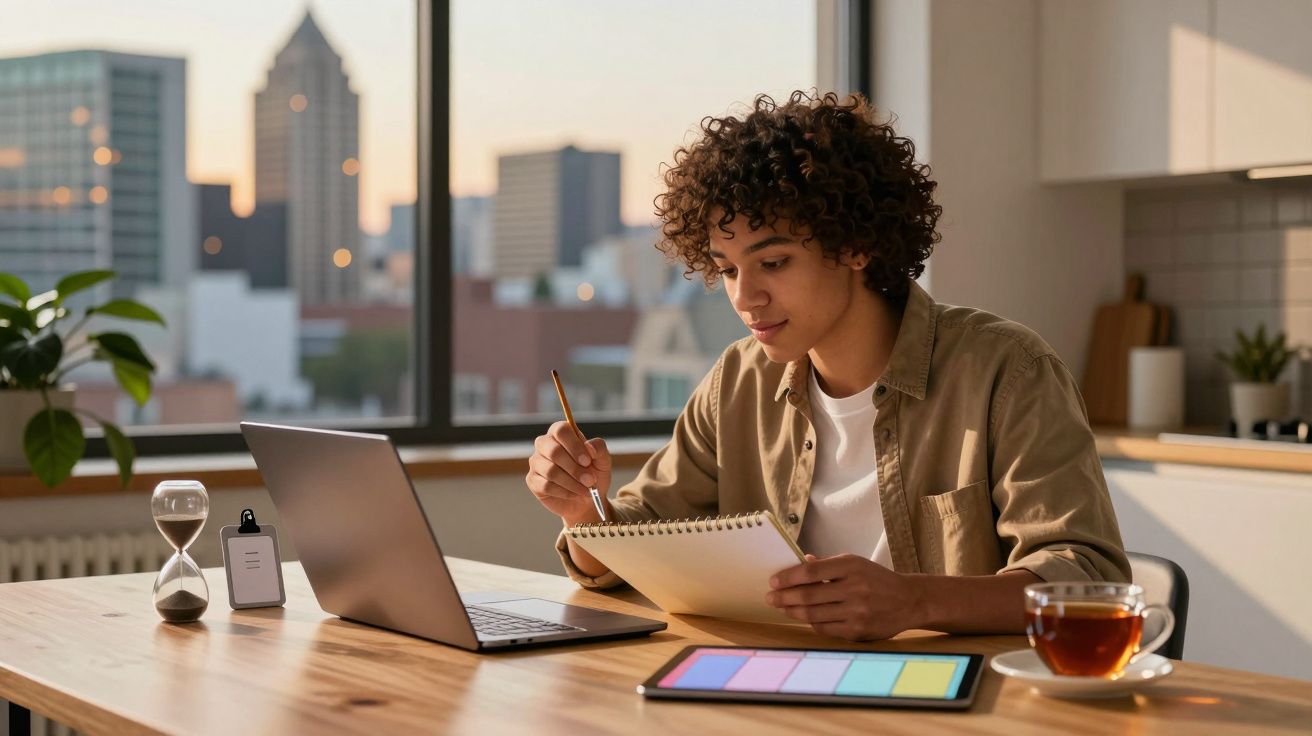 Persoon studeert aan tafel, met een laptop, tablet en een kop thee, bij een raam met stadszicht op de achtergrond.