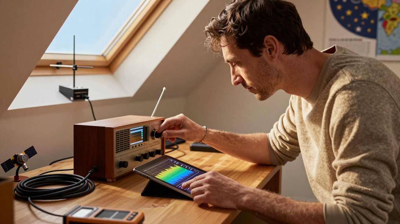 Man in trui bedient een houten radio op een bureau met tablet en kabels, onder een dakraam met zonlicht.