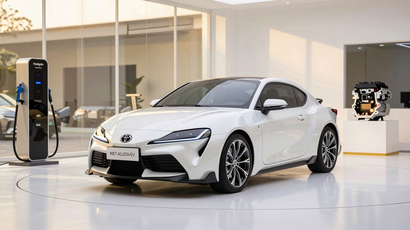 Witte sportwagen in showroom naast laadpaal, onder een helder verlichte ruimte met glazen wanden.