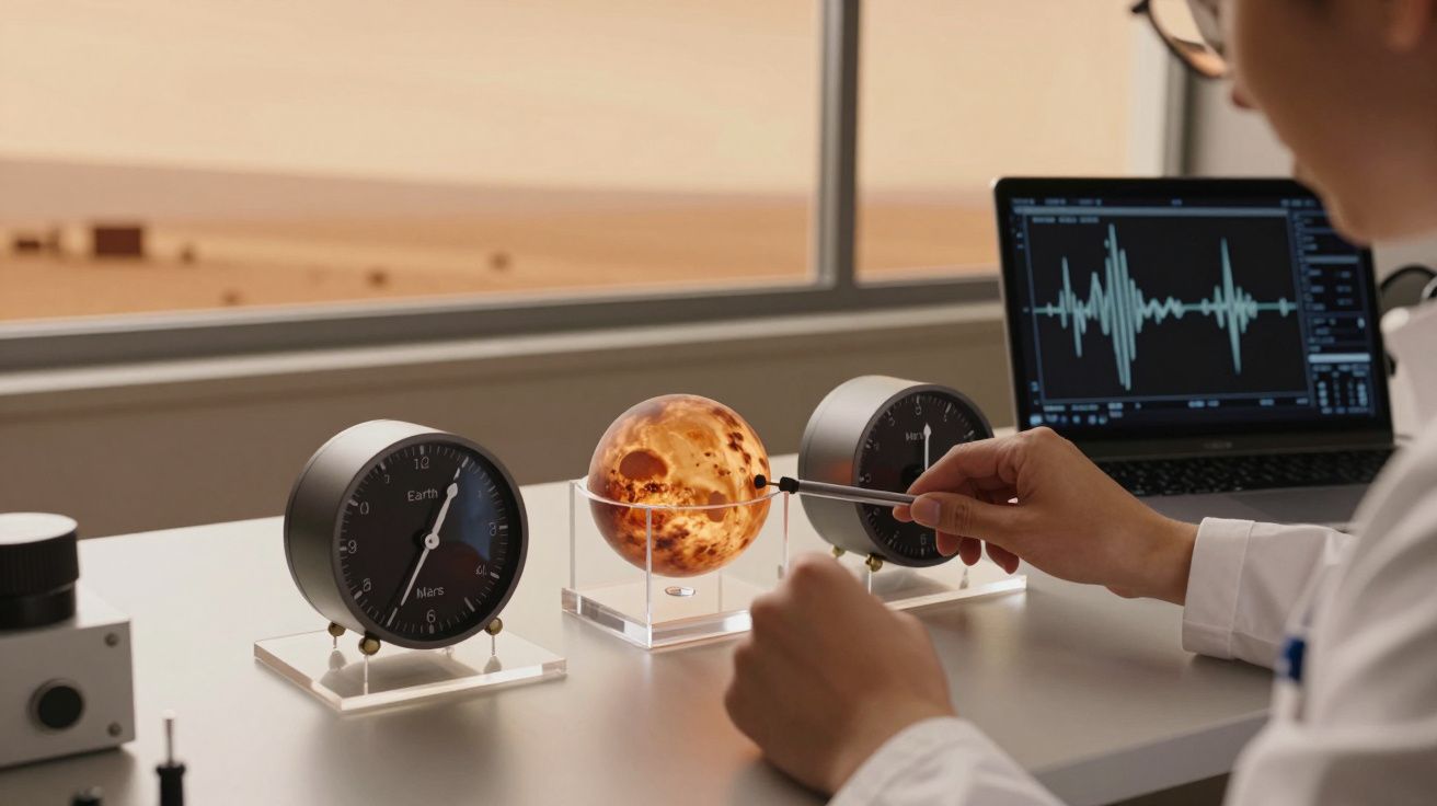 Wetenschapper onderzoekt Marsmodel met klokken op tafel en laptop met seismische grafiek op de achtergrond.