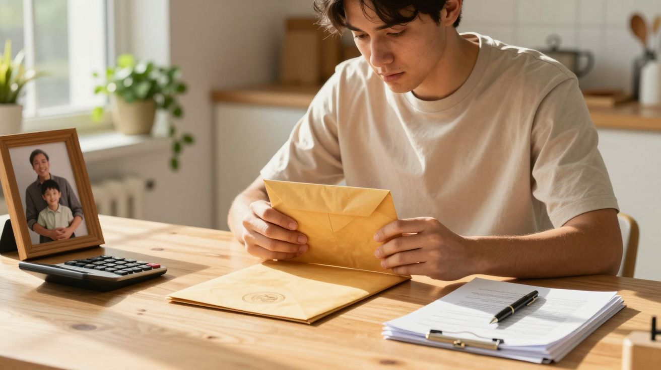 Jonge man leest een brief aan tafel, met een rekenmachine, fotolijst, en documenten naast hem in een lichte keuken.