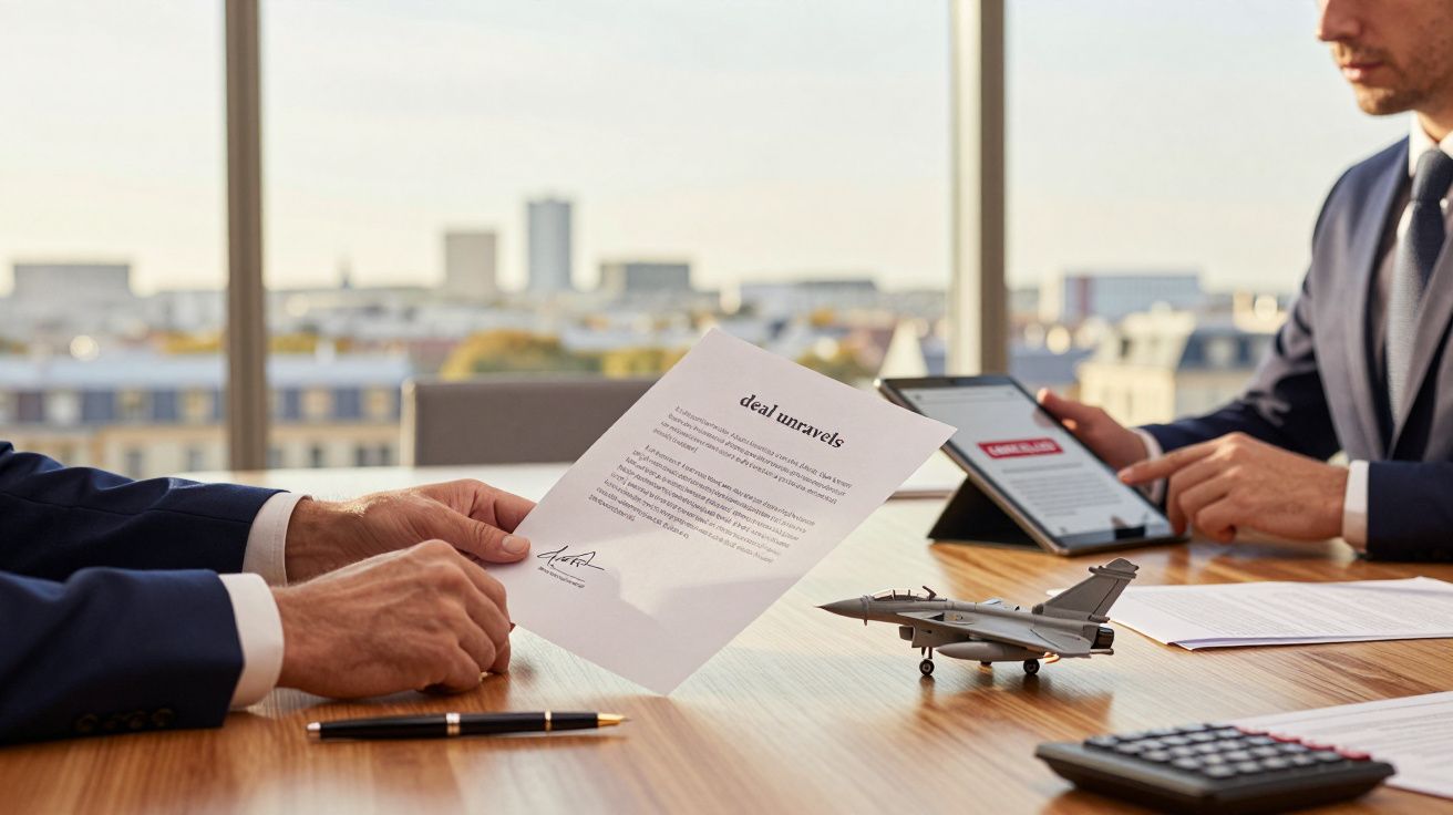 Twee zakenmannen in pak bespreken een document op kantoor, met een modelvliegtuig, tablet en rekenmachine op tafel.