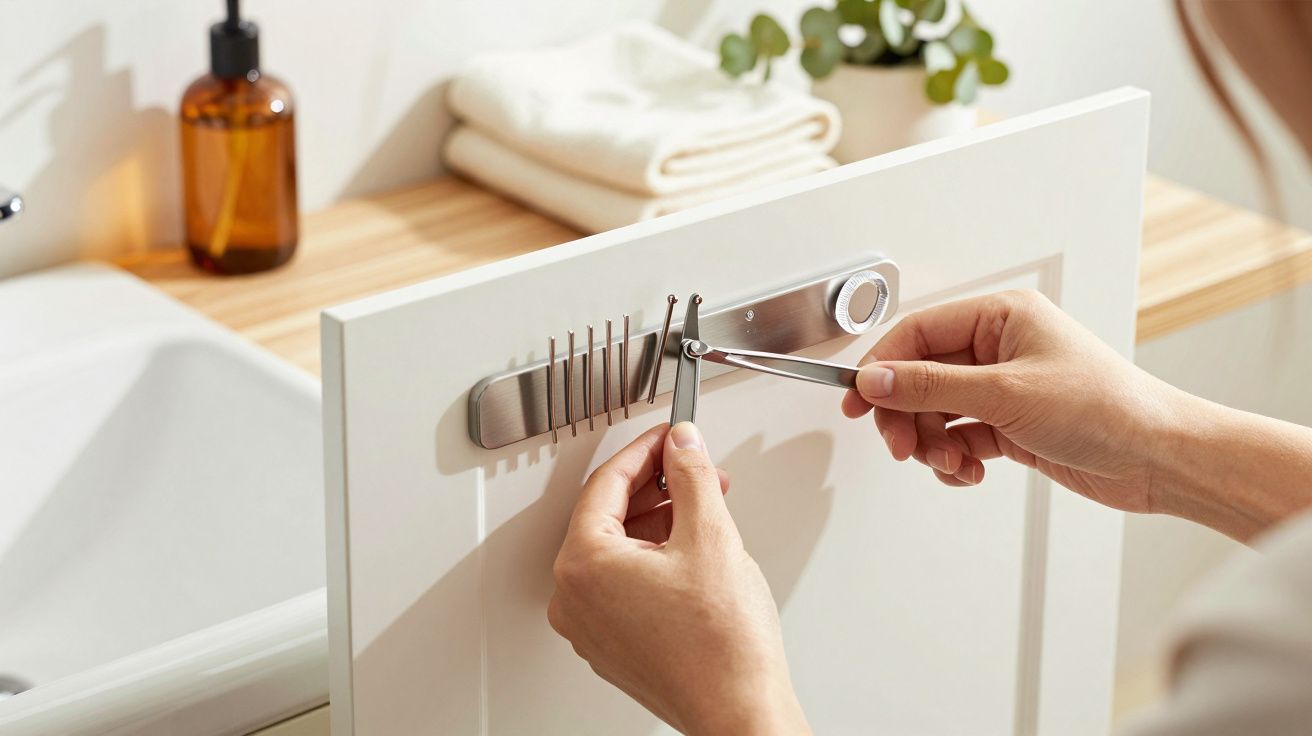 Persoon hangt kopjes aan een metalen houder op een kastdeur in een moderne keuken met planten en handdoeken op de achtergrond