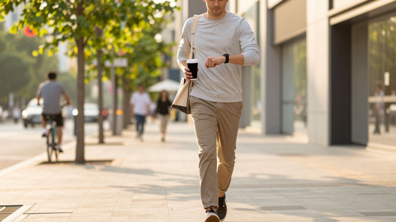 Man loopt op trottoir, kijkt op horloge, draagt koffie en tas, zonnige dag met mensen en fietsen op achtergrond.