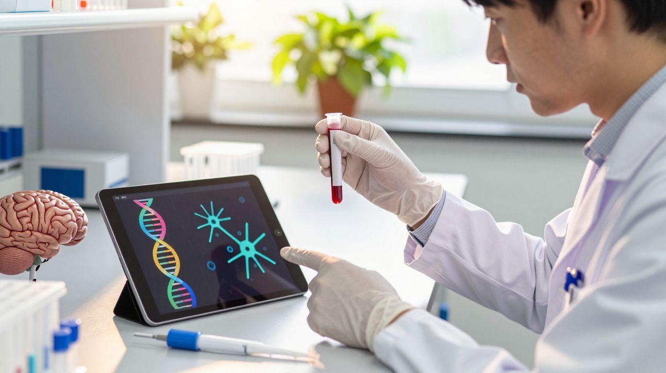 Wetenschapper in laboratorium onderzoekt tablet met DNA- en celafbeeldingen, terwijl hij reageerbuis met rode vloeistof vasth