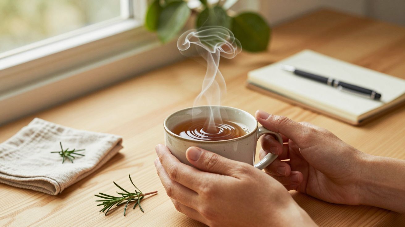 Handen met een warme kop thee op houten tafel, naast een notitieboekje, pen en servet met rozemarijntakje.