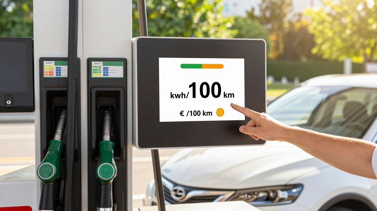 Hand bedient scherm bij benzinepomp met kWh-meter en prijs per 100 km. Auto op achtergrond.