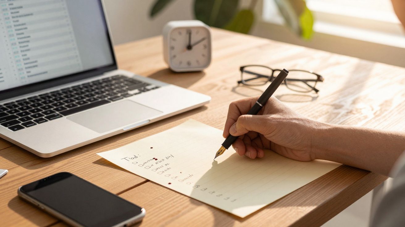 Persoon schrijft takenlijst op papier naast laptop, bril, klok en smartphone op bureau.