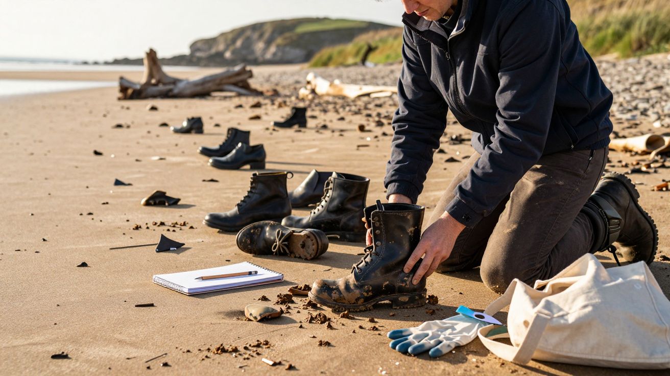 Persoon onderzoekt laarzen op een strand, omringd door schelpen, driftwood, notitieblok, pen en handschoenen.