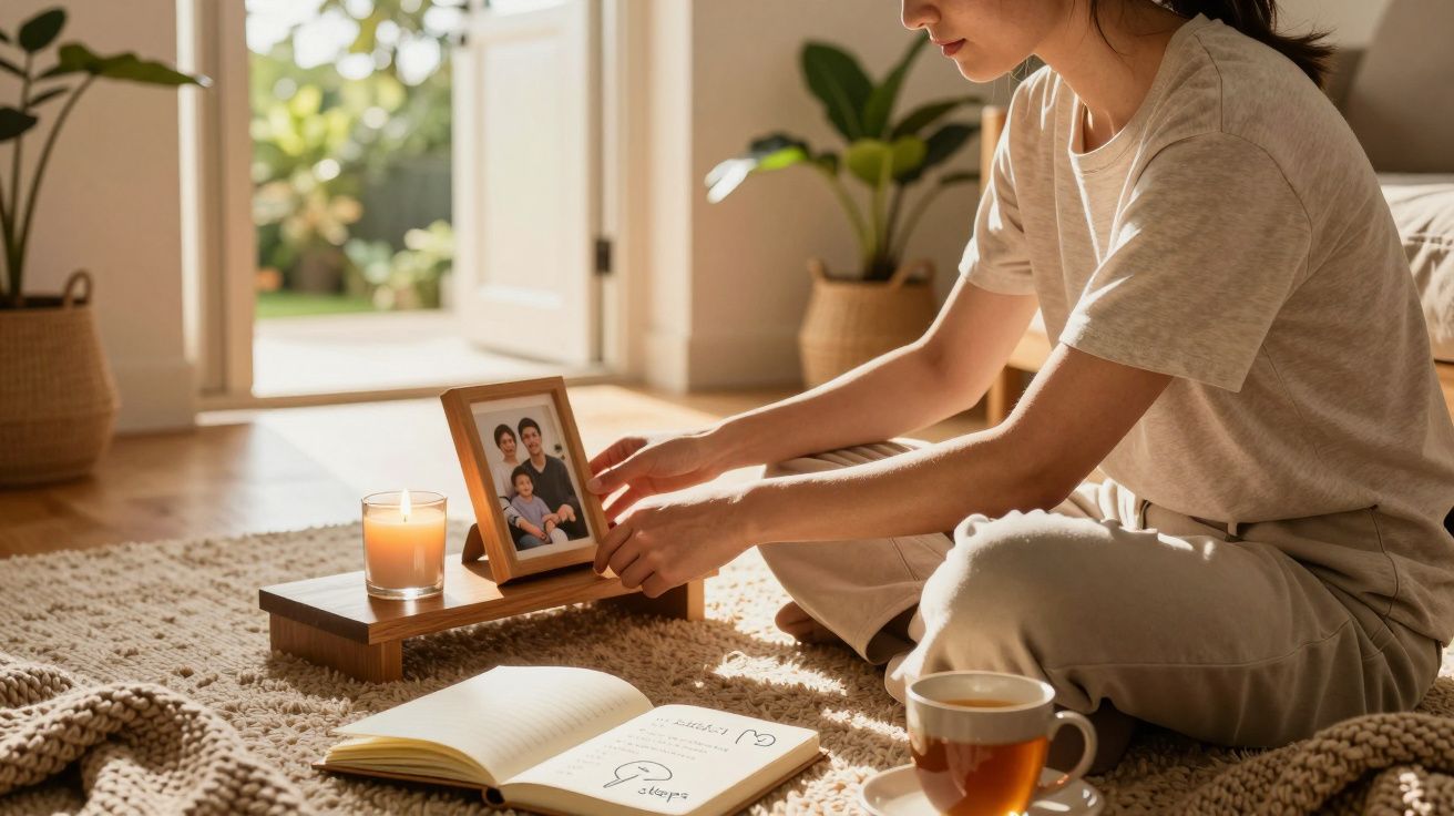 Persoon in woonkamer zet een fotolijst op tafel naast een glas sap en open notitieboek; kop thee op de voorgrond.