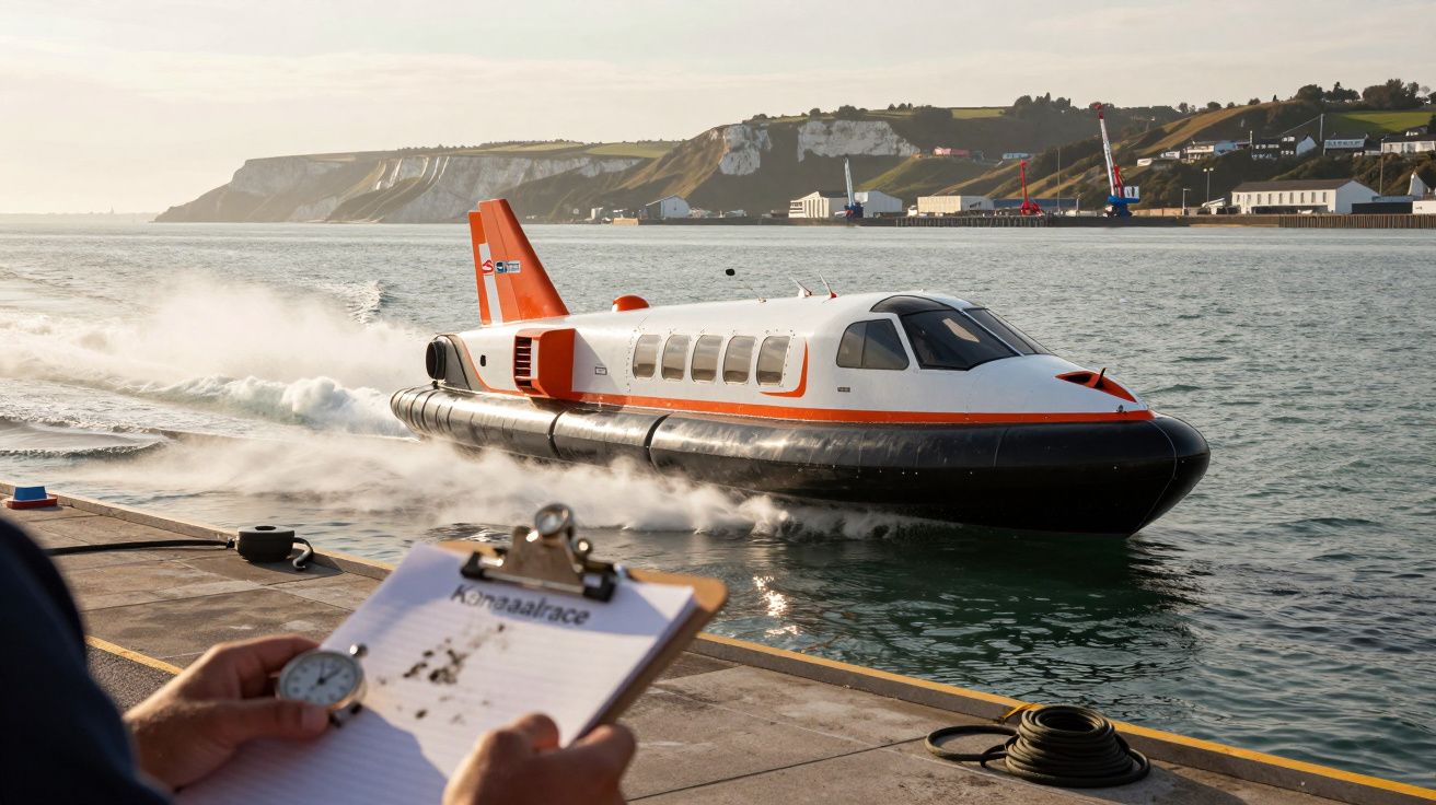 Hovercraft op volle snelheid op het water bij een haven, met persoon die tijd bijhoudt op de voorgrond.