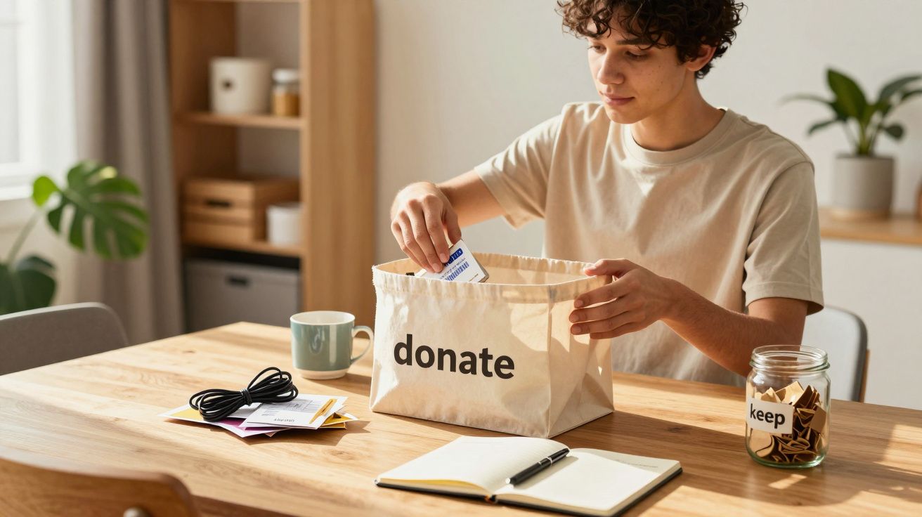 Persoon plaatst voorwerp in zak met "donate" erop aan tafel met notitieboekje, snoeren en "keep" potje.