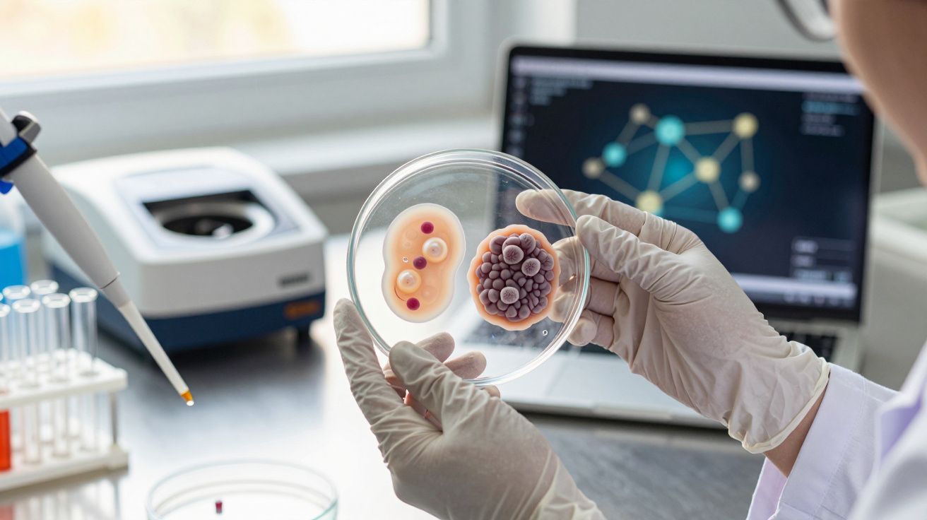 Wetenschapper houdt petrischaal met gekleurde kolonies vast, naast laptop met grafiek op het scherm, in een laboratorium.