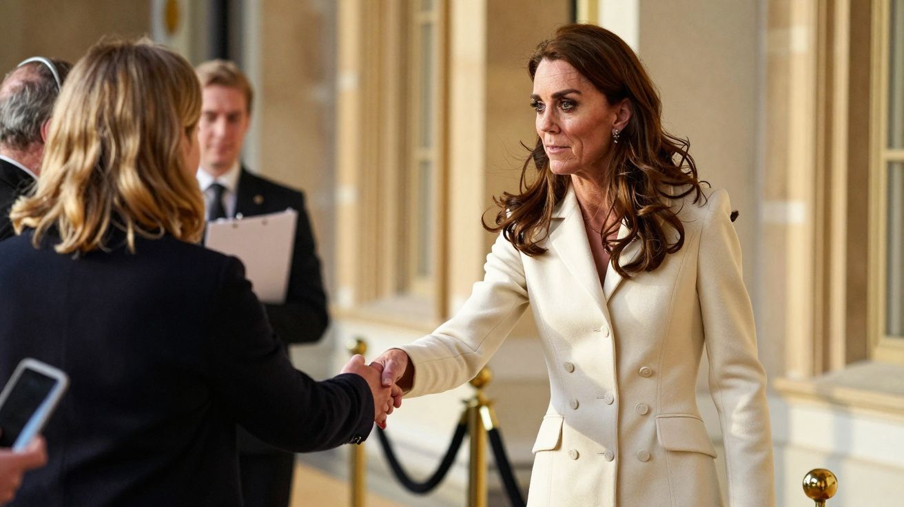Vrouw in witte jas schudt handen met een ander persoon bij een officieel evenement, met mensen op de achtergrond.