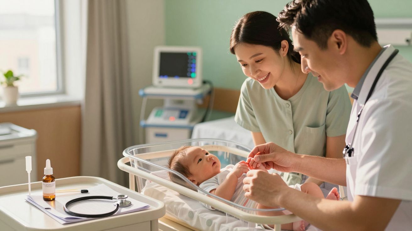 Arts en vrouw kijken glimlachend naar een baby in een couveuse in een ziekenhuiskamer.