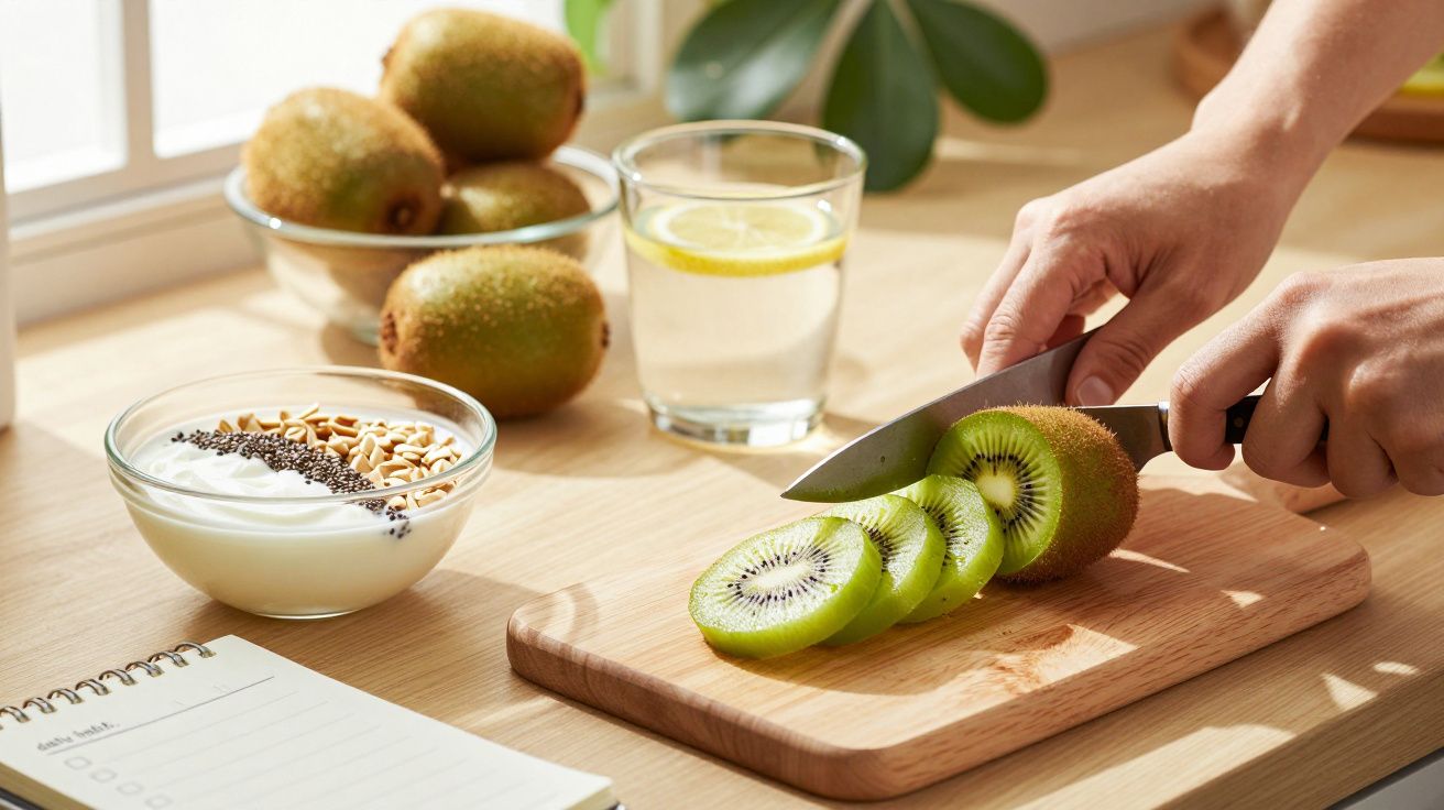 Hand snijdt kiwi op houten plank, bowls met yoghurt en glas water met citroen op tafel. Notitieblok op de voorgrond.
