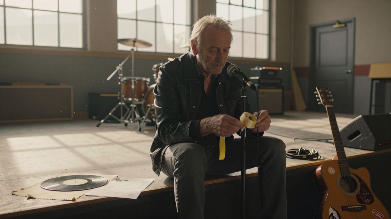 Een oudere man zit op een podium met een gitaar en microfoon, omringd door instrumenten en een vinylplaat.