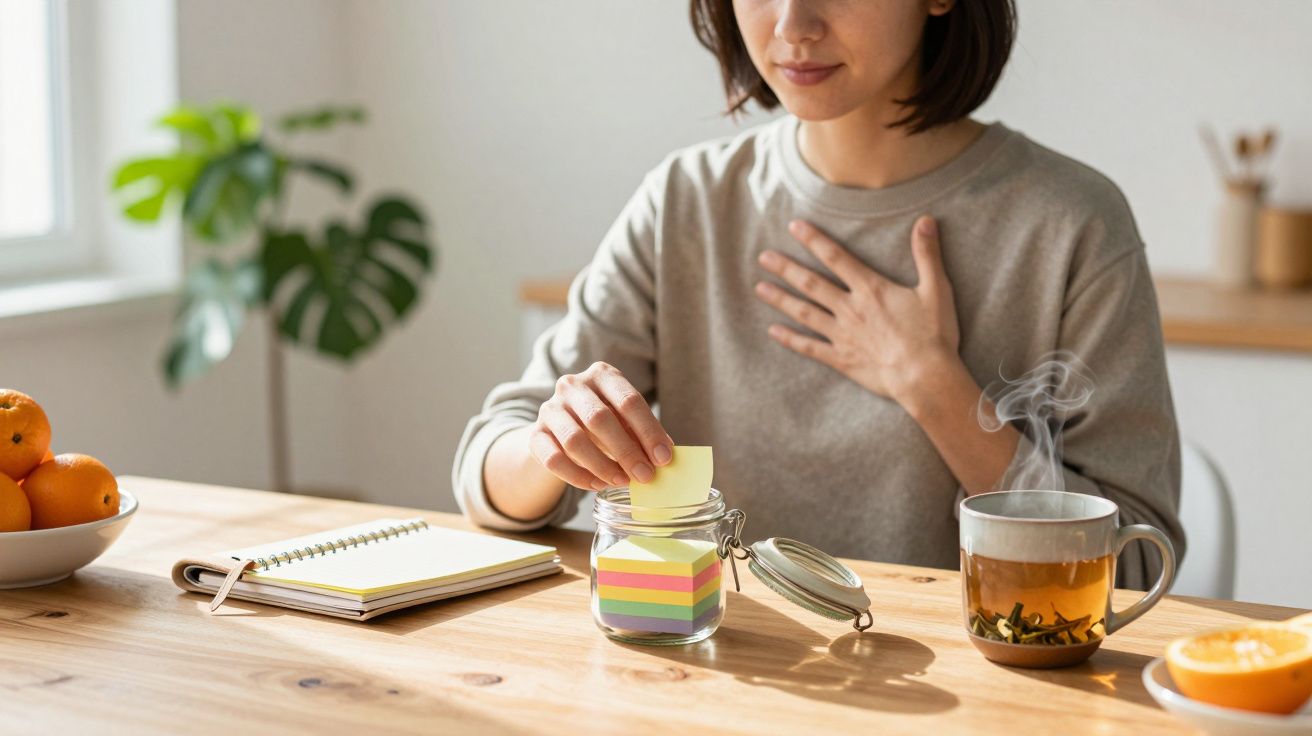 Vrouw plaatst gekleurd notitieblokje in pot op houten tafel met thee, notitieboekje en sinaasappels, hand op hart.