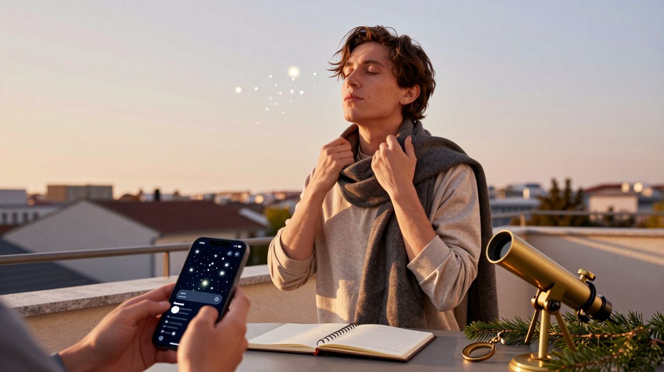 Persoon op dakterras, zittend bij een telescoop en notitieboekje, terwijl iemand een sterrenhemel-app op een telefoon bekijkt