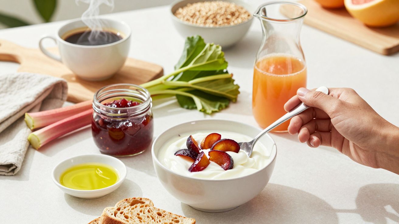 Ontbijttafel met yoghurt en pruimen, jam, sap, koffie en brood. Hand roert yoghurt in witte kom.