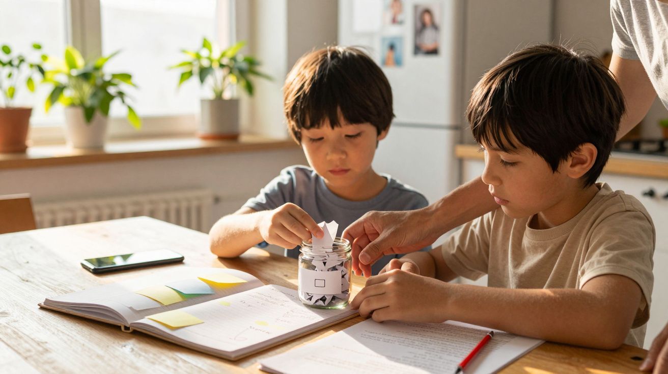 Twee kinderen zitten aan een tafel met een schrift, smartphone en glazen pot, in een lichte kamer met planten op de achtergro
